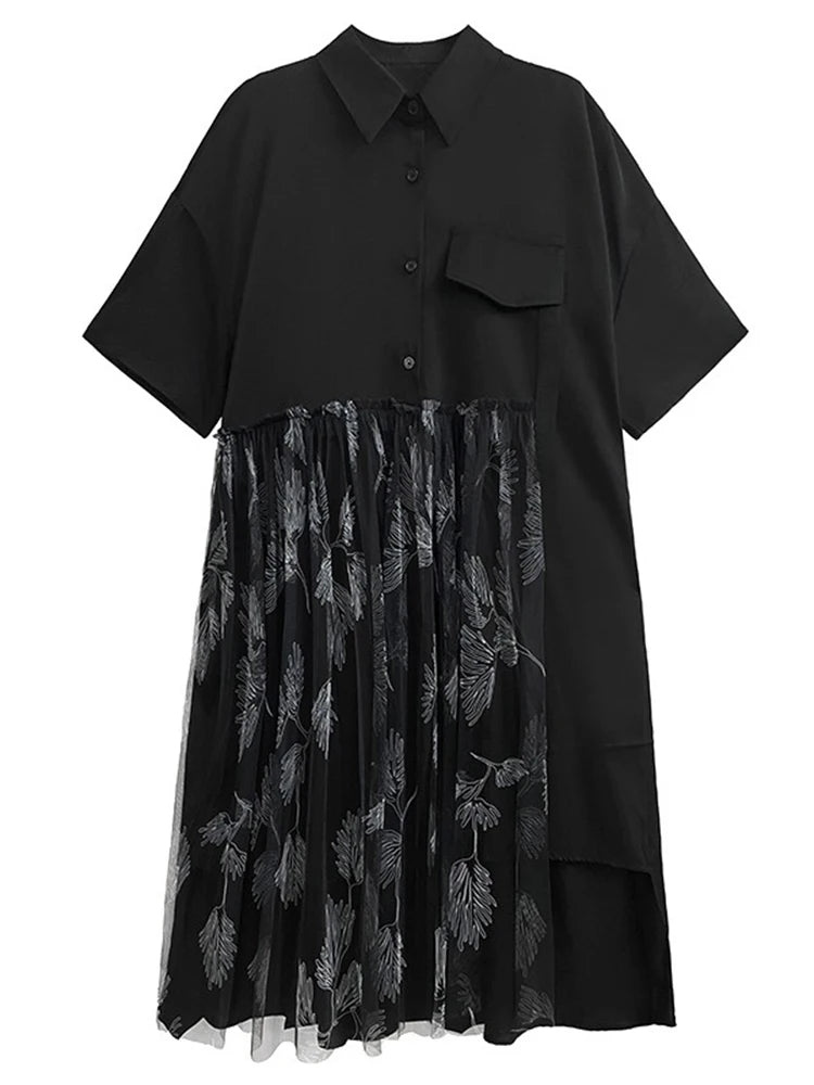 XITAO Loose Patchwork Shirt Dress Temperament Mesh Print Women Summer Short Sleeve Street Turn-down Collar Dress ZMY1078