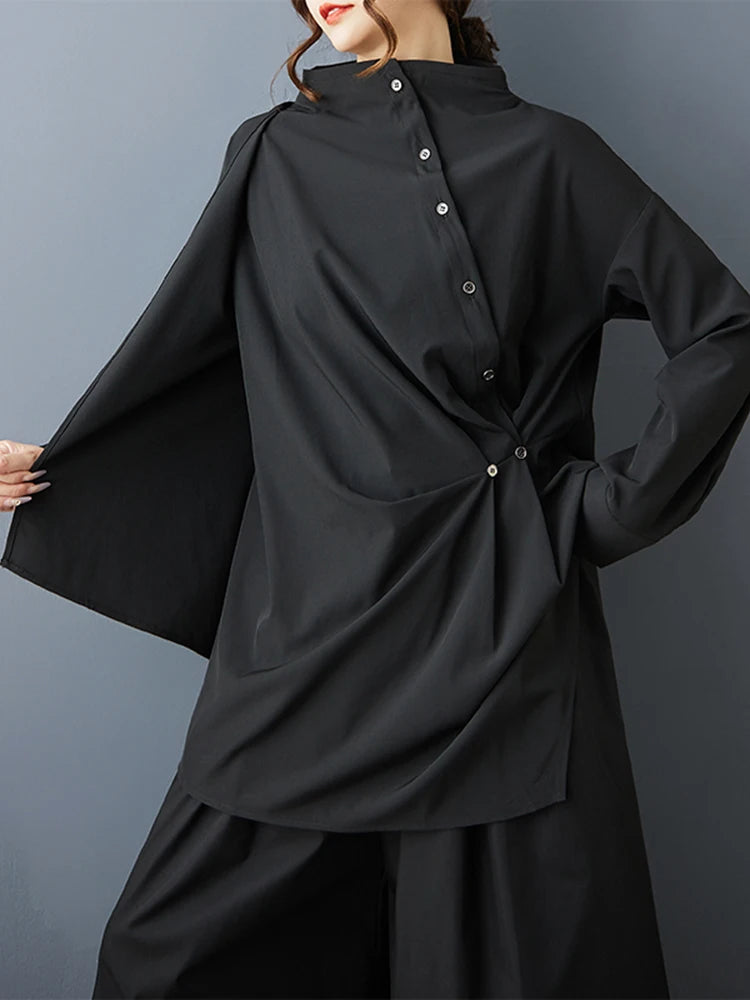XITAO Button Half High Collar Vintage Blouse Irregular Solid Color Fashion Slimming All-match Loose Casual Female Shirts ZMY1406