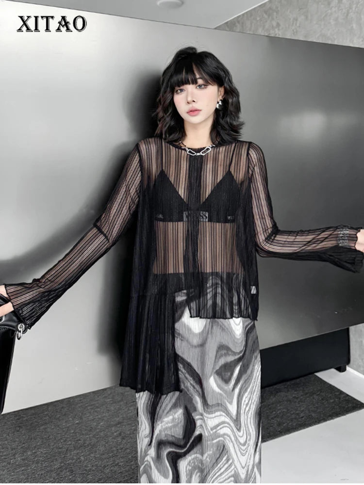 XITAO Gauze Patchwork Asymmetrical Perspective T-Shirts Solid Color Pullover O-neck Long Sleeve Slim Personality T-shirt ZMY1323