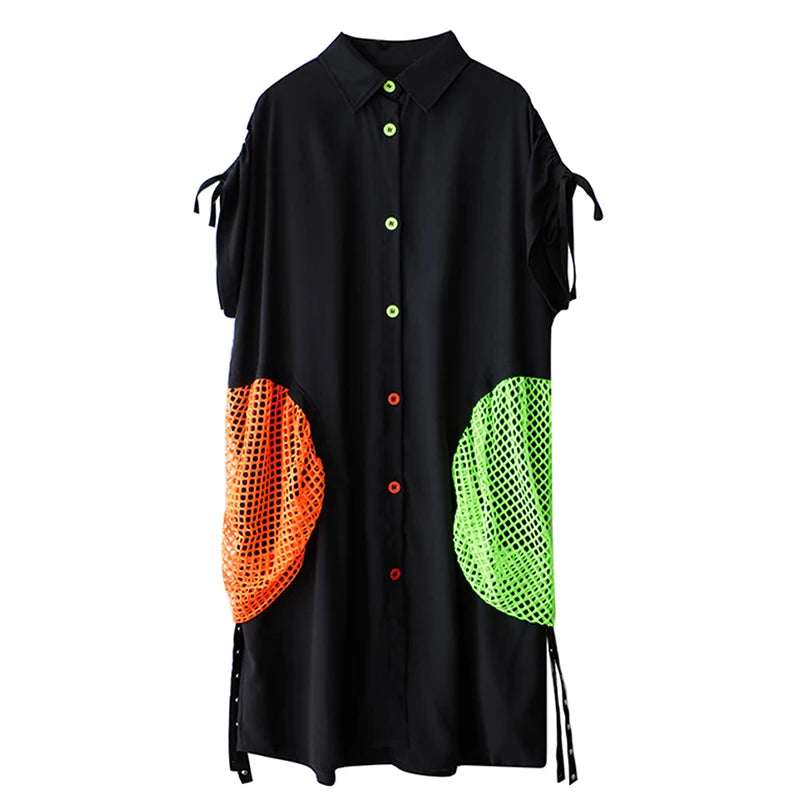 XITAO Irregular Hollow Out Female Shirt Dress Personality Contrast Color Patchwork Women Loose Vintage Slimming Dress ZMY1057