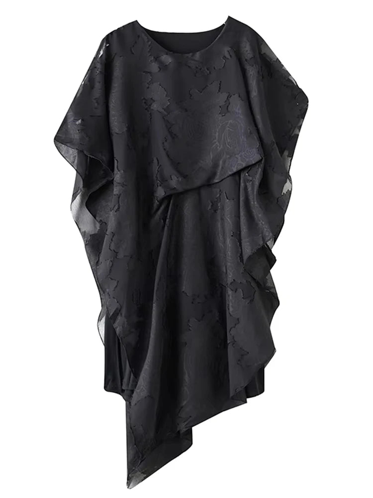 XITAO Jacquard Asymmetrical Folds Pullover Dress Solid Color O-neck Loose Temperament All Match Slimming Casual Dress ZMY1178