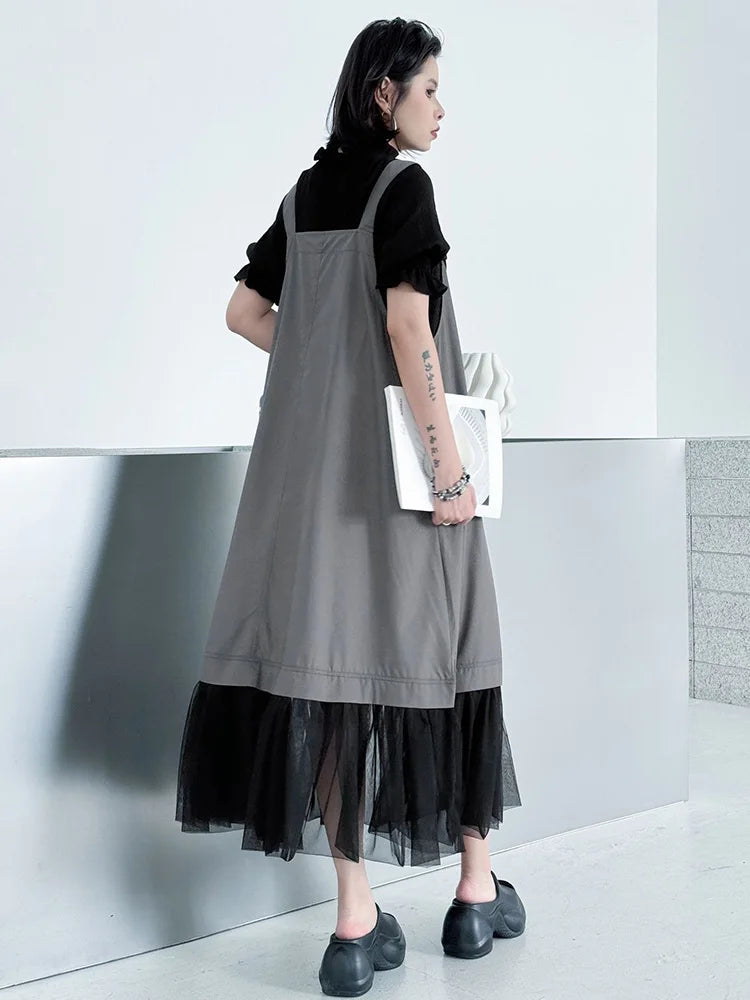 XITAO Pocket Patchwork Gauze Dress Zipper Solid Color Temperament Sleeveless Slimming Summer Woman Loose Casual Dress ZMY1335