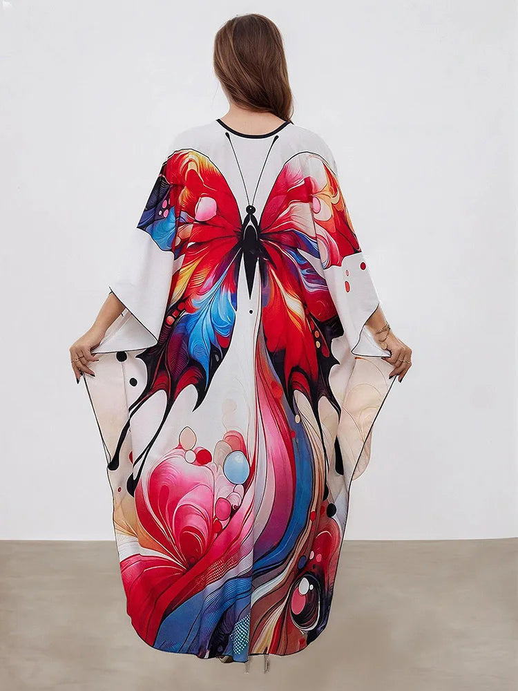 XITAO Female Side Slit Print Dress Butterfly A-line Pullover Bat Wing Sleeve V-neck Summer Woman Ankle-length Dress GJ1161