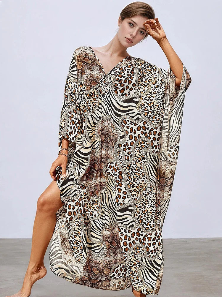 XITAO Leopard A-line Dress Vintage Side Slit V-neck Bat Wing Sleeve Loose Personality New Arrival Summer Woman Dress GJ1172