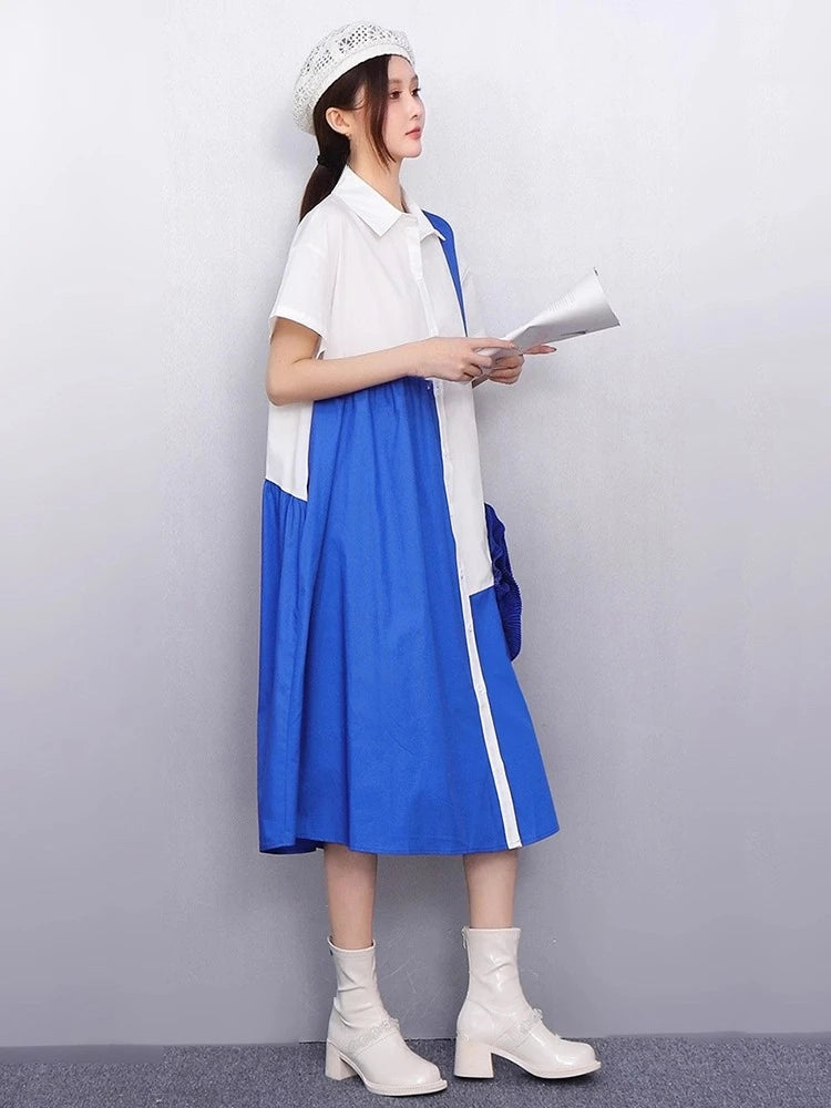 XITAO Three-dimensional Decoration Flower Dress Contrast Color Patchwork Turn-down Collar Loose Summer Woman Dress ZMY1397