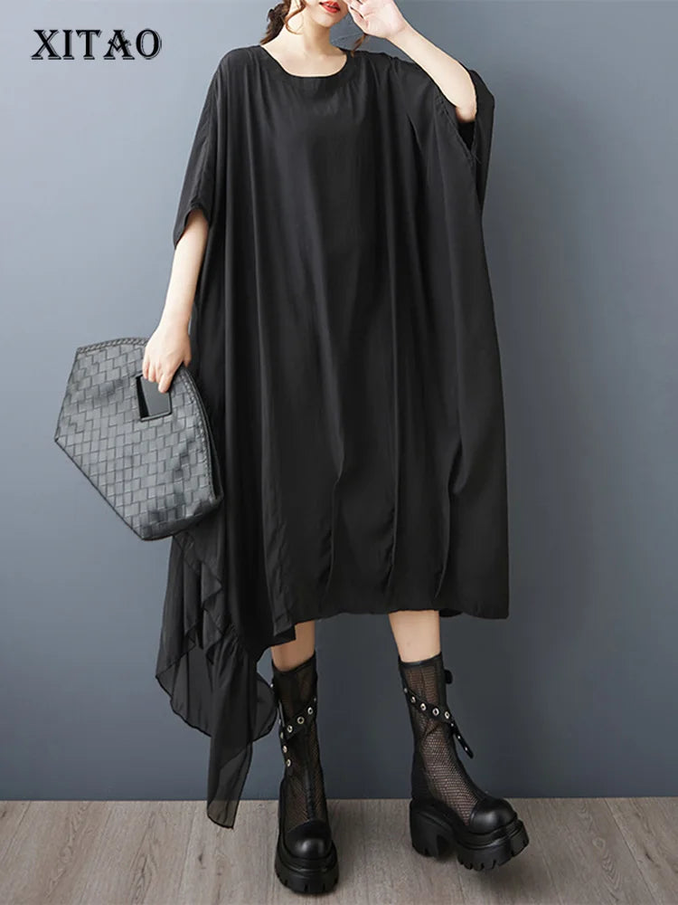 XITAO Asymmetrical Solid Color Patchwork Dress Loose Pullover Bat Wing Sleeve Temperament Summer Woman Slimming Dress ZMY1349