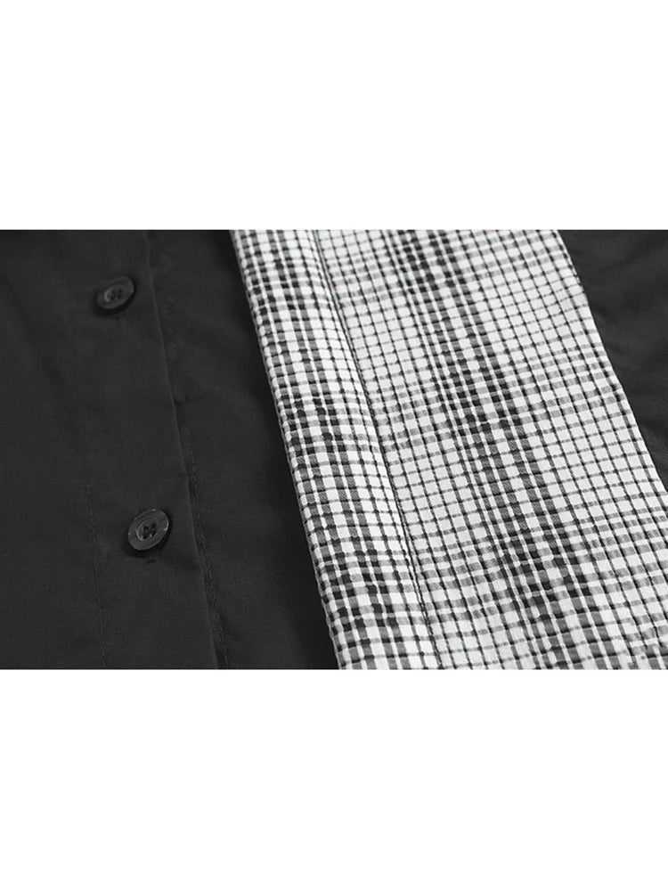 XITAO Loose Plaid Patchwork Shirt Dress Personality Mesh Women Summer Temperament All-match Turn-down Collar Dress ZMY1394