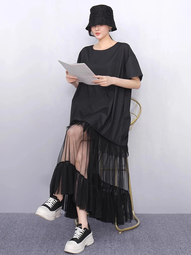 XITAO Gauze Patchwork Loose Female Dress O-neck Short Sleeve Casual Simple Slimming Temperament Summer Woman Dress HQQ2496