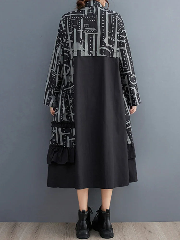 XITAO Irregular Print Shirt Dress Fashion Edible Tree Fungus Patchwork Women spring summer New Arrival Loose Dress CX1028