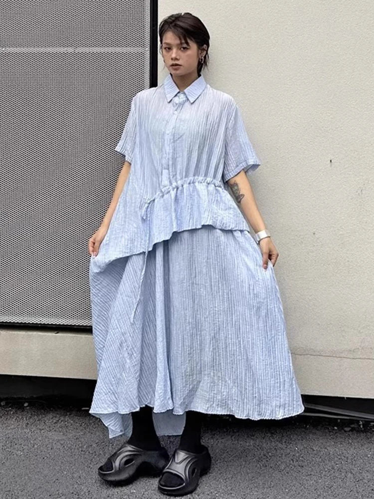 XITAO Irregular Striped Drawstring Dress Turn-down Collar Loose Casual Short Sleeve Personality Summer Woman Dress HQQ2490