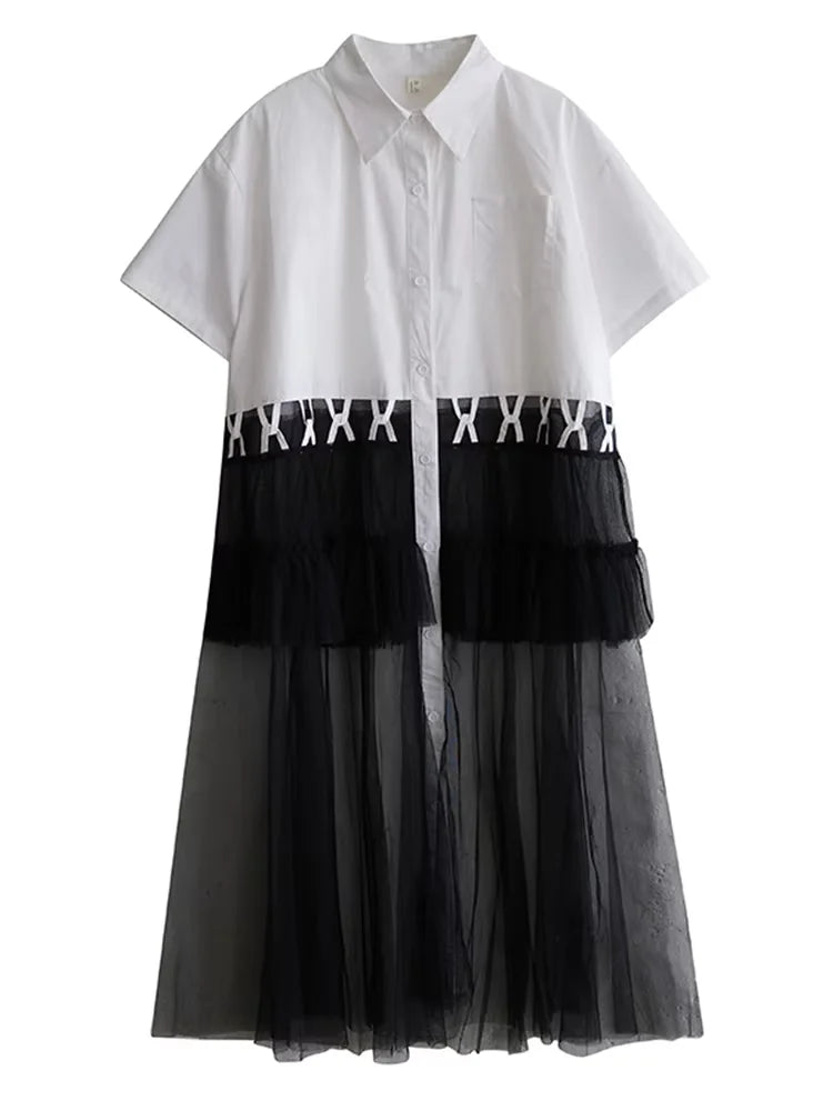 XITAO Mesh Single Breasted Turn-down Collar Dress Casual Slimming A-line Patchwork Short Sleeve Summer Women Dress ZMY1073