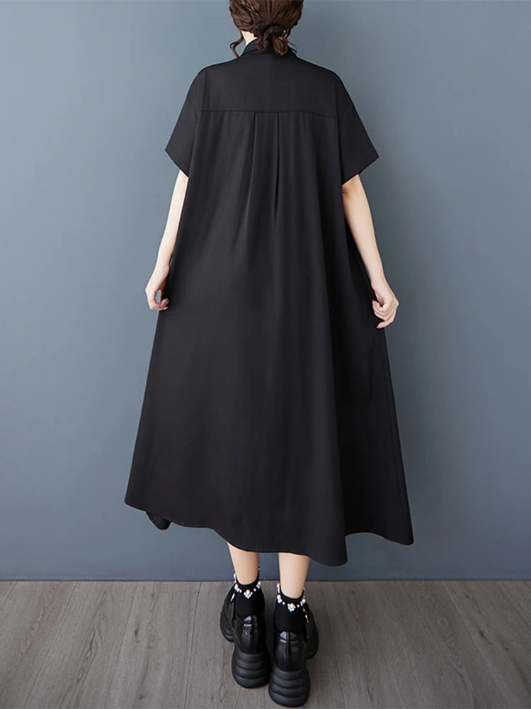 XITAO Pleated Single Breasted Pocket Dress Casual Solid Color A-line New Fashion Short Sleeve Summer Female Dress ZMY1146