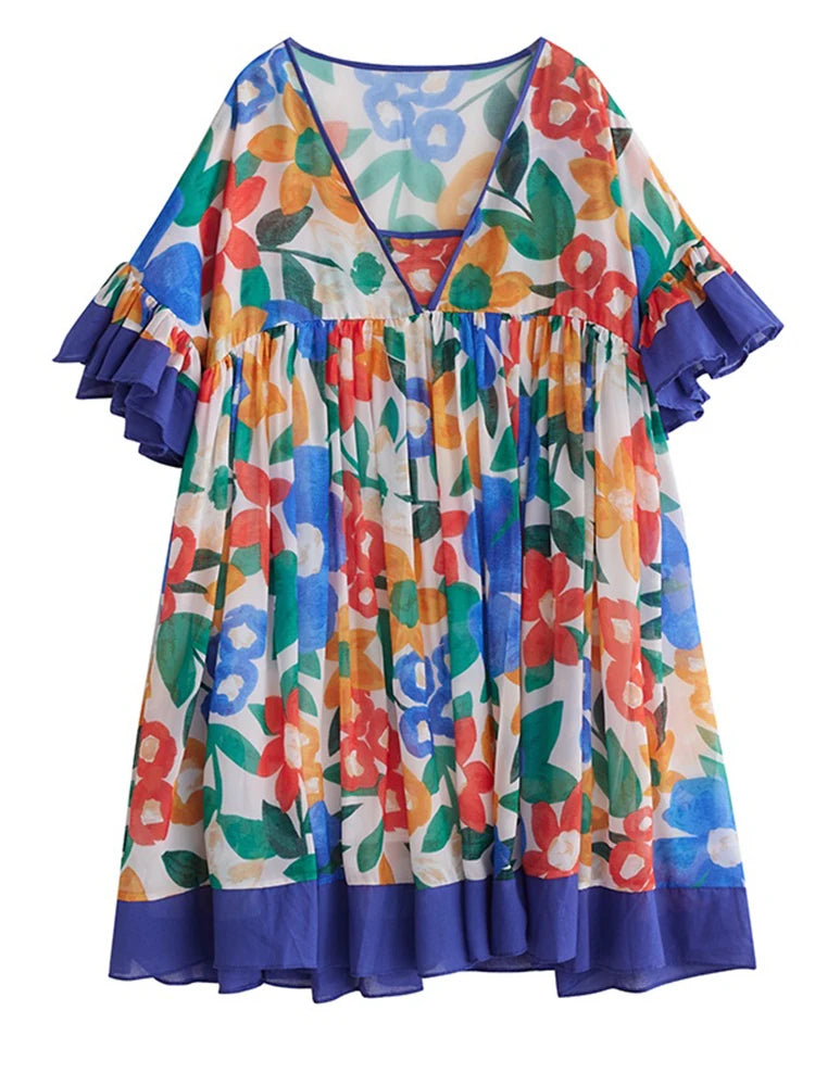 XITAO V-neck Print Patchwork Dress Edible Tree Fungus Slimming Elegant Small Fresh Loose Pleated Summer Woman Dress ZMY1256