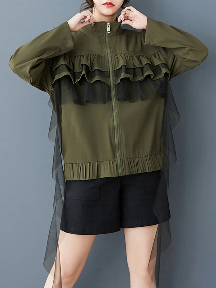XITAO Gauze Contrast Color Ruffles Zipper Jacket Stand Collar Patchwork Loose Long Sleeve Temperament Casual Coat GYX1510