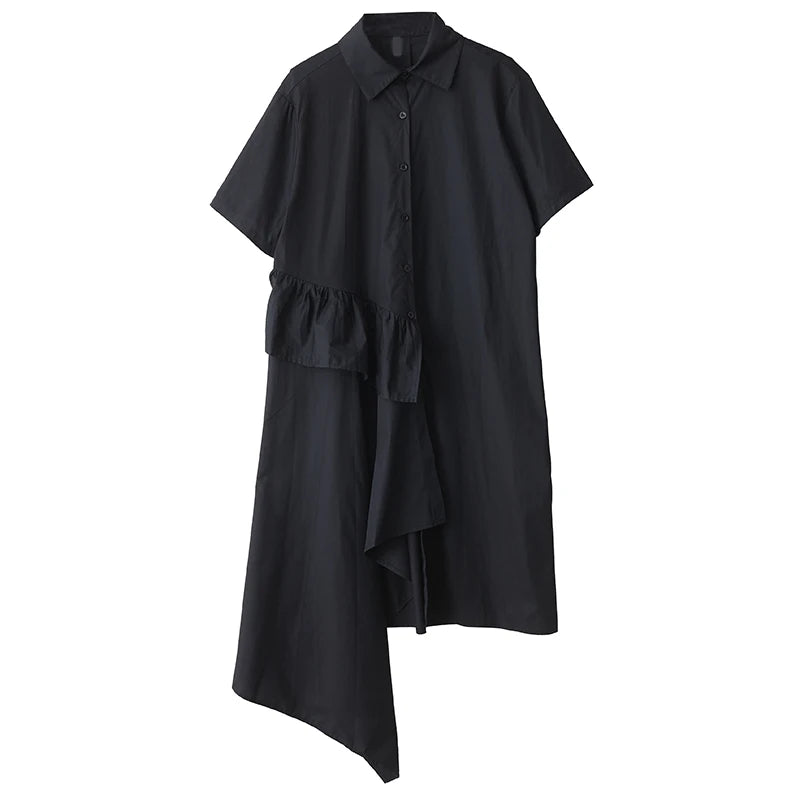 XITAO Asymmetrical Ruffles Single Breasted Dress Turn-down Collar A-line Sweet Short Sleeve Summer New Women Dress ZMY1233
