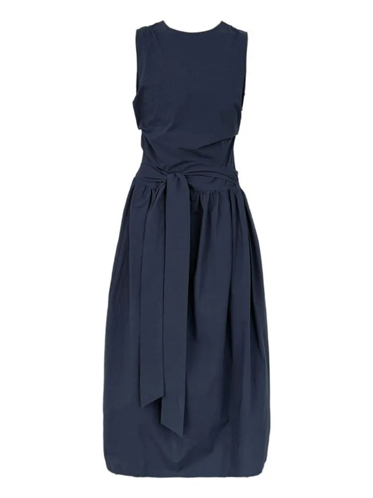 XITAO Drawstring Pleated Loose Dress O-neck Temperament Sleeveless Solid Color Simple Slim All-match Summer Woman Dress ZMY1289