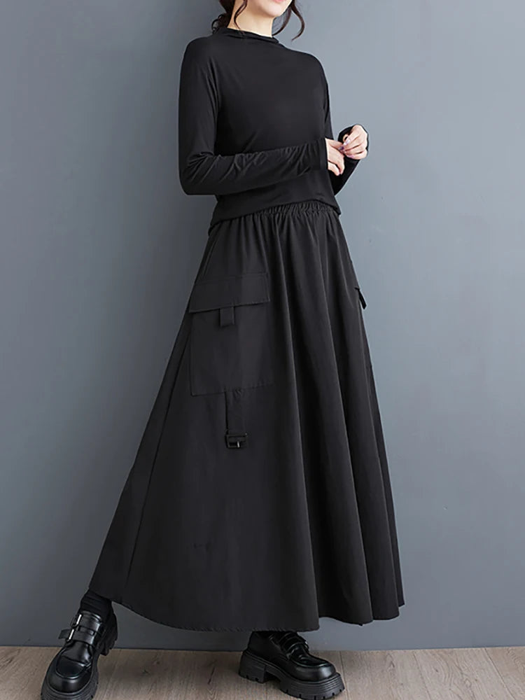 XITAO Pocket Patchwork Asymmetrical Skirts Solid Color Elastic Waist A-line Loose Mid-calf All Match Skirts 2024 Autumn DMJ5020
