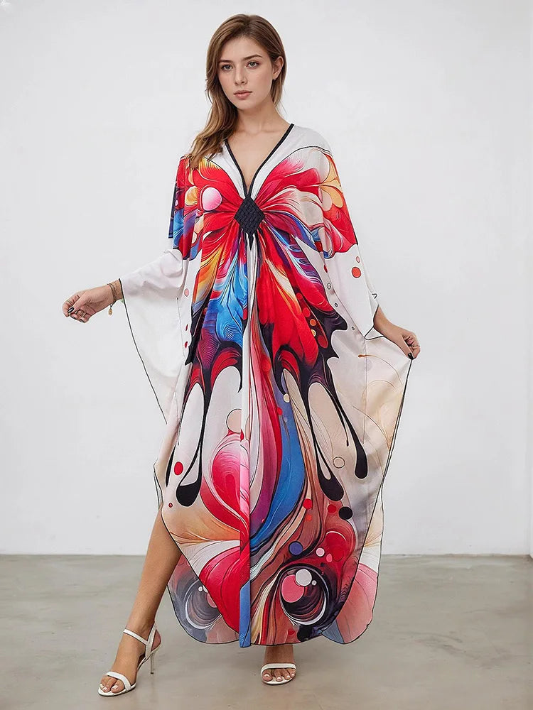 XITAO Female Side Slit Print Dress Butterfly A-line Pullover Bat Wing Sleeve V-neck Summer Woman Ankle-length Dress GJ1161