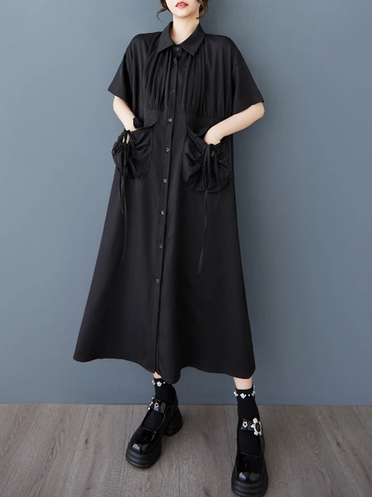 XITAO Pleated Single Breasted Pocket Dress Casual Solid Color A-line New Fashion Short Sleeve Summer Female Dress ZMY1146