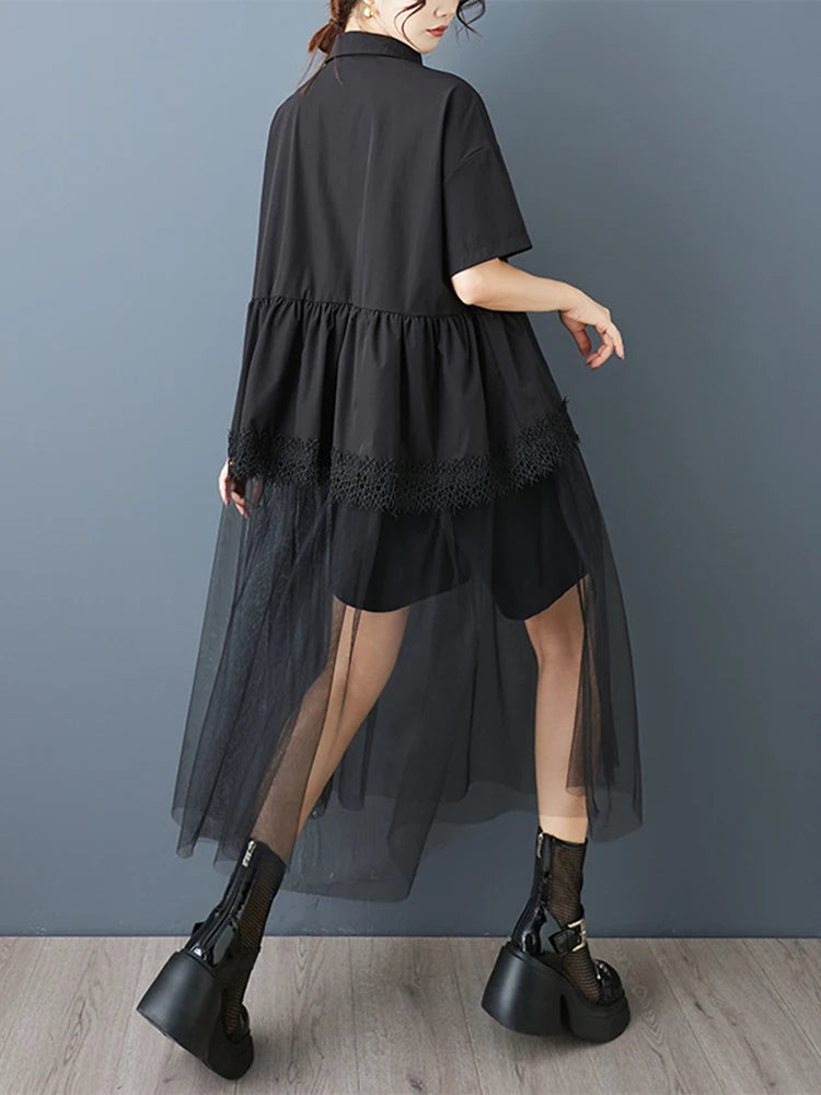 XITAO Gauze Patchwork Folds Female Dress Loose Turn-down Collar Solid Color Short Sleeve Temperament Woman Summer Dress ZMY1253
