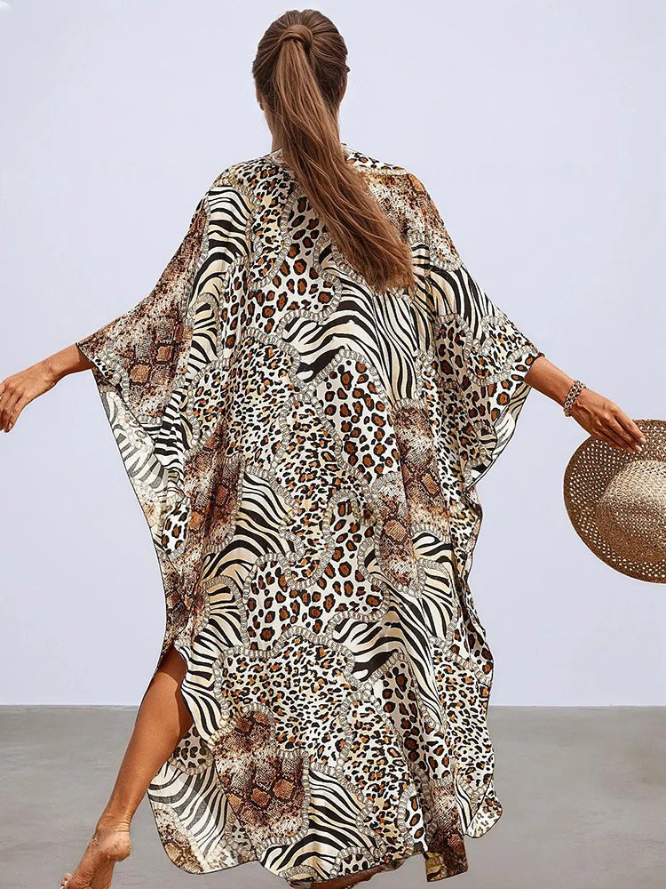XITAO Leopard A-line Dress Vintage Side Slit V-neck Bat Wing Sleeve Loose Personality New Arrival Summer Woman Dress GJ1172