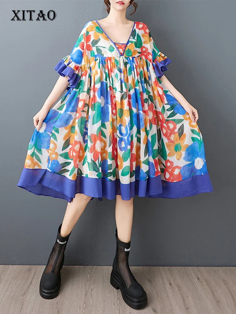 XITAO V-neck Print Patchwork Dress Edible Tree Fungus Slimming Elegant Small Fresh Loose Pleated Summer Woman Dress ZMY1256