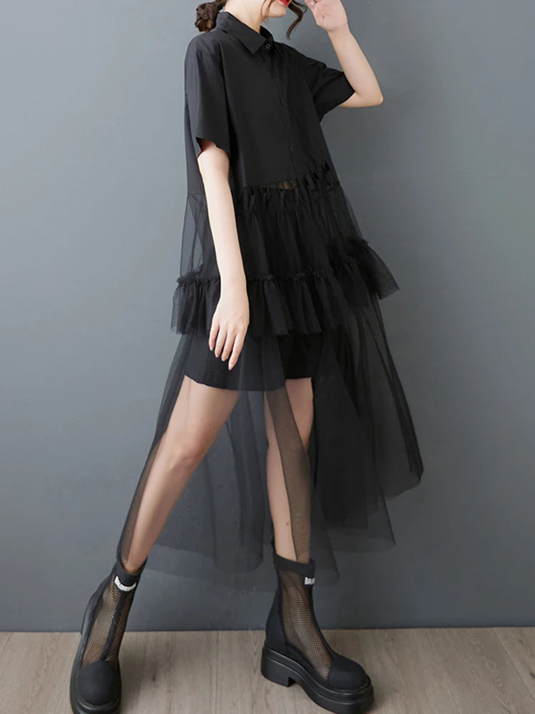 XITAO Patchwork Mesh Pleated Dress Casual Short Sleeve Turn-down Collar Single Breasted A-line Fashion Women Dress ZMY1195