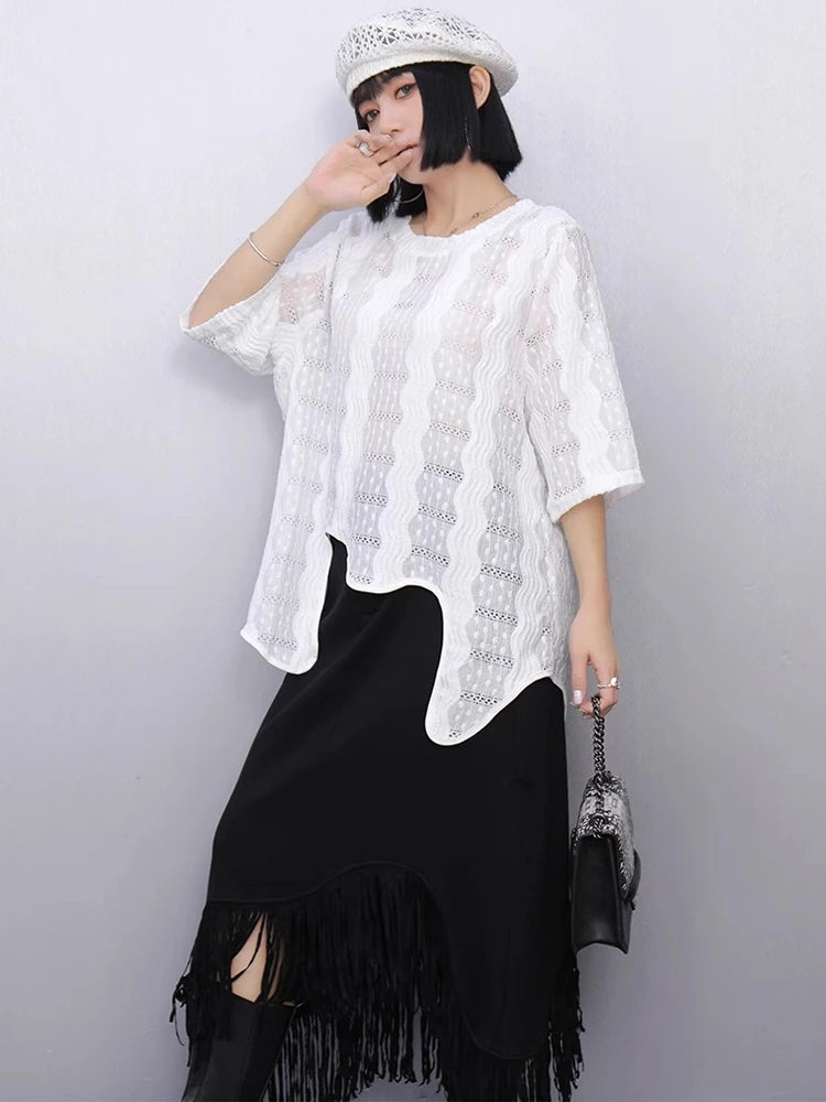 XITAO Irregular Hollow Out Embroidery T-shirt O-neck Half Sleeve Loose Temperament All-match Summer Woman T-shirt HQQ2488