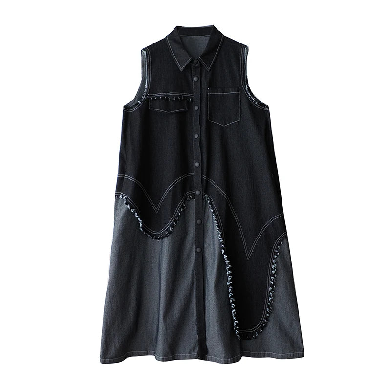 XITAO Contrast Color Sleeveless Pocket Patchwork Dress Single Breasted Turn-down Collar Loose A-line Vintage Slim Dress ZMY1050