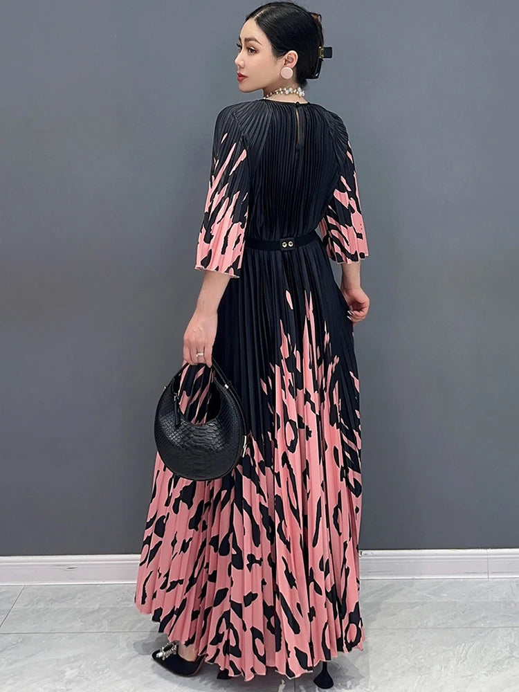 XITAO Print Pleated O-neck Three Quarter Sleeve Dress Elegant Temperament Loose Fashion Summer New Goddess Fan Dress LYD1881