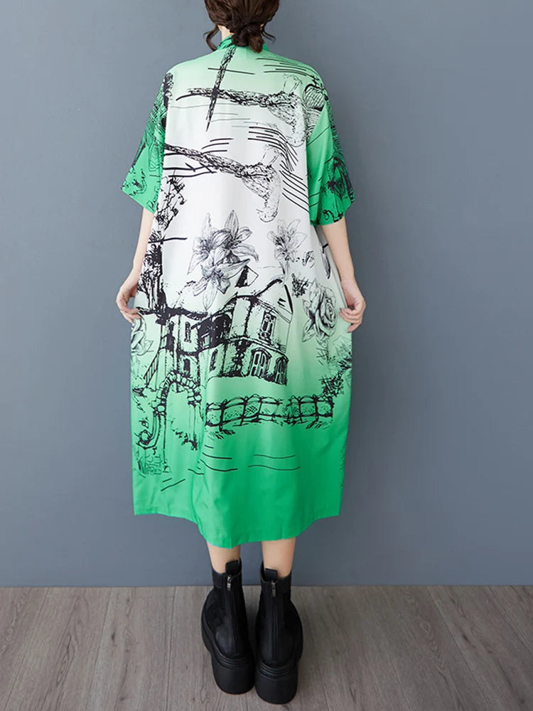 XITAO Contrast Color Print Pocket Patchwork Dress Turn-down Collar Single Breasted Short Sleeve Loose Casual Shirt Dress ZMY1169