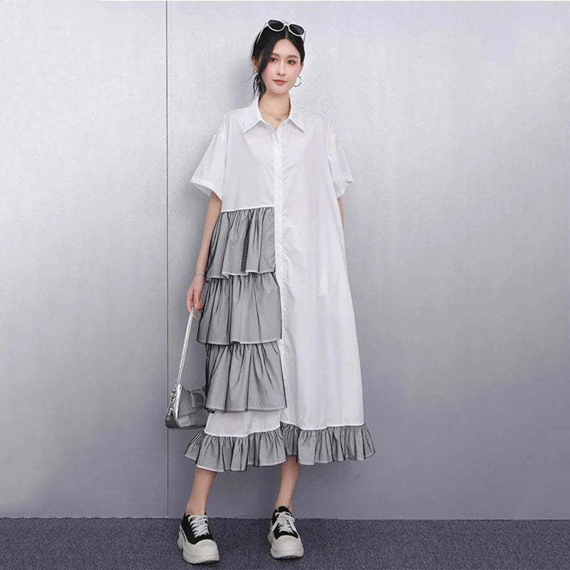 XITAO Patchwork Mesh Turn-down Collar Dress Single Breasted Pleated Short Sleeve Solid Color Fashion Summer Women Dress ZMY1200