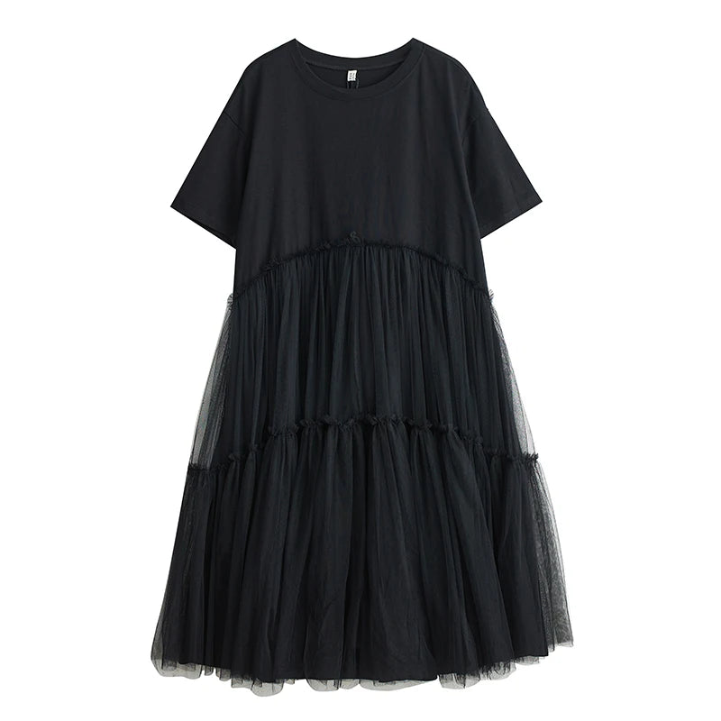 XITAO Gauze Patchwork Pocket Pullover Dress O-neck Short Sleeve Solid Color Loose Temperament Slim Casual All Match Dress ZMY1168