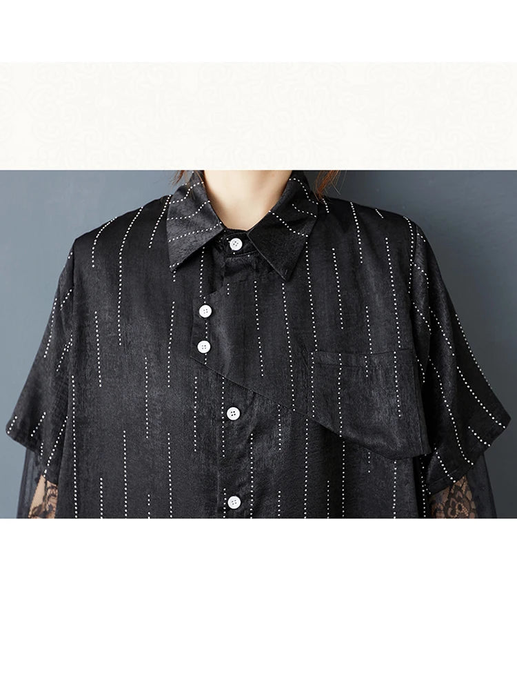 XITAO Lace Patchwork Asymmetrical Dress Single Breasted Turn-down Collar Long Sleeve Side Split Casual Temperament Dress ZMY1322