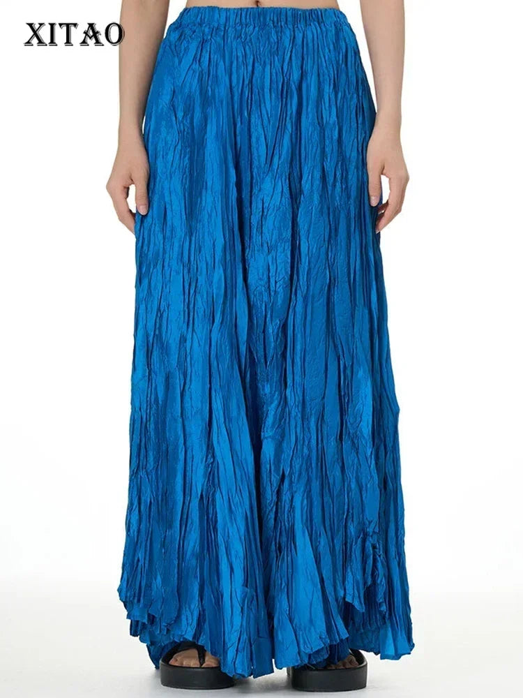 XITAO Solid Color Pleated Appear Thin Loose Elastic Waist Folds Casual Skirt Women Summer All-match New A-line Skirt DMJ1498