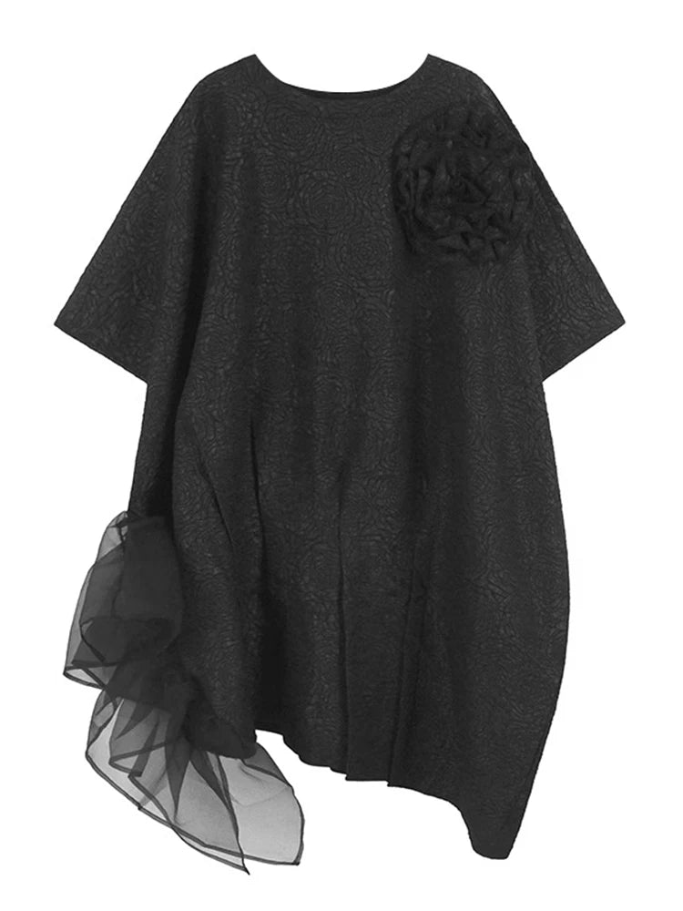 XITAO Irregular Flower O-neck Female Dress Fashion Asymmetric Folds Patchwork Women Simple Temperament A-line Dress ZMY1189