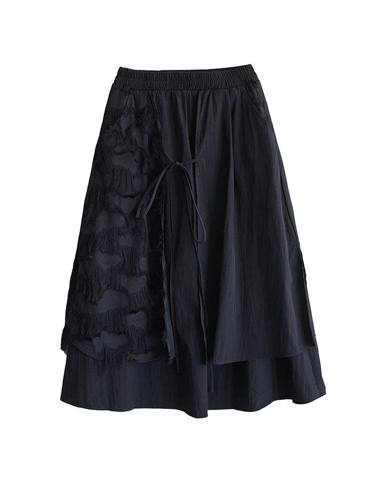 XITAO Gauze Patchwork Bandage Solid Color Skirt Pocket Elastic Waist Loose A-line Mid-calf Temperament Casual Skirt HQQ2463