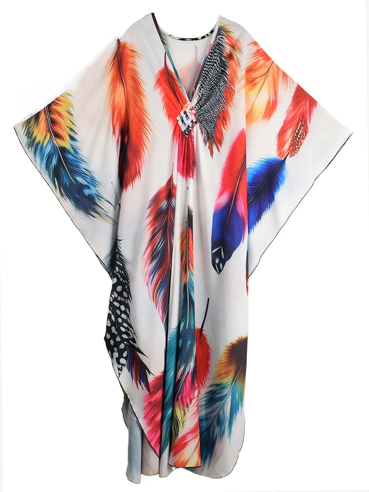 XITAO Contrast Color Printing Cartoon Women Dress Beach Thin Comfortable Bat Sleeve V-neck Pullover Fashion Casual Dress GJ1207
