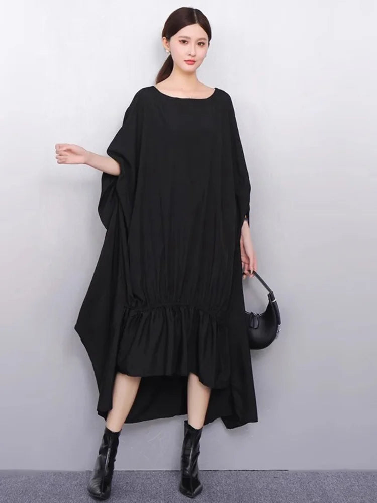XITAO Solid Color Irregular O-neck Dress Slimming Bat Wing Sleeve Pullover Temperament Summer Woman New Arrival Dress ZMY1347