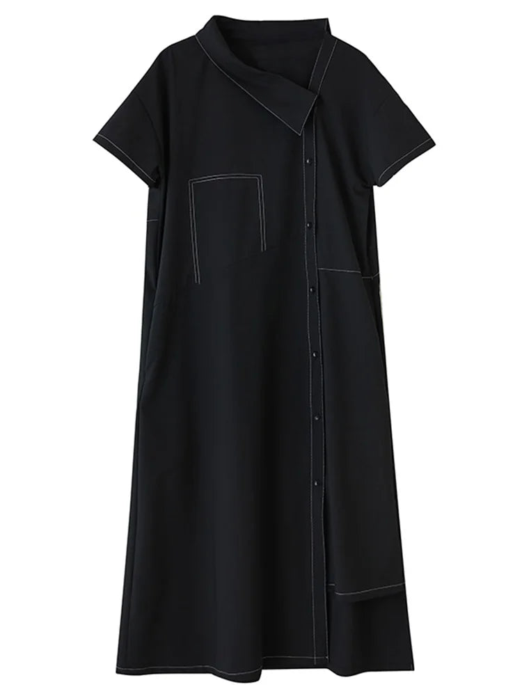 XITAO Solid Color Asymmetrical Vintage Dress Short Sleeve Single Breasted Personality Loose Slimming Summer Woman Dress ZMY1316