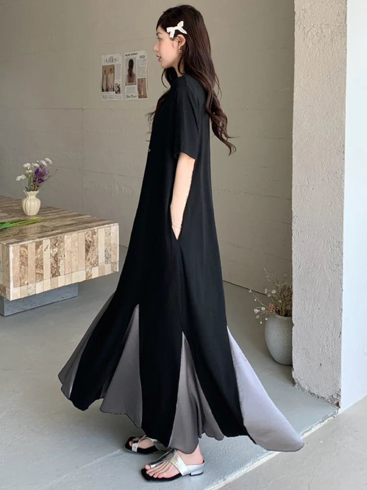 XITAO Flower Patchwork Print Dress Contrast Color Loose O-neck Short Sleeve Temperament Slimming Summer Woman Dress ZMY1299