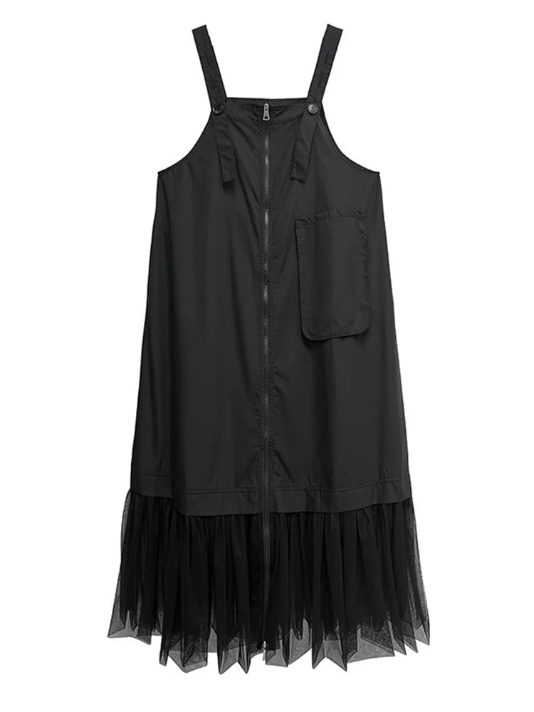XITAO Pocket Patchwork Gauze Dress Zipper Solid Color Temperament Sleeveless Slimming Summer Woman Loose Casual Dress ZMY1335
