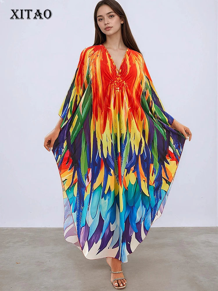 XITAO Bat Wing Sleeve Vintage V-neck Print Dress Loose V-neck Casual Side Slit Temperament Personality Summer Woman Dress GJ1160