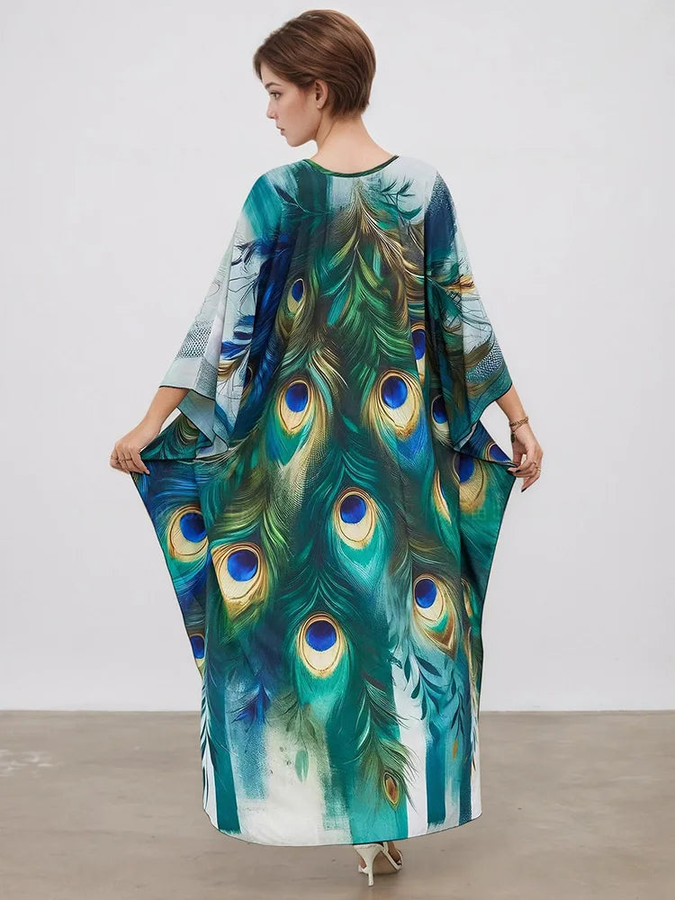 XITAO Peacock Print Vintage Dress Pullover V-neck Bat Wing Sleeve Temperament Slim Summer Woman Loose Casual Dress GJ1152