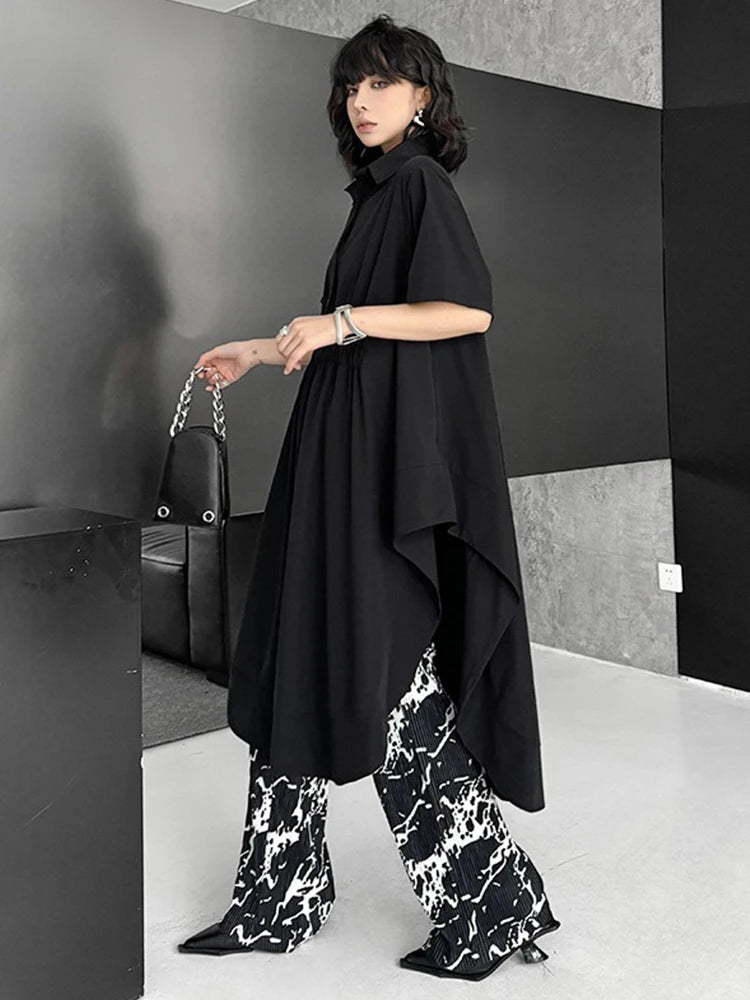 XITAO Asymmetrical Solid Color Patchwork Side Slit Dress Turn-down Collar Loose Casual Simple Slim Summer Woman Dress ZMY1302