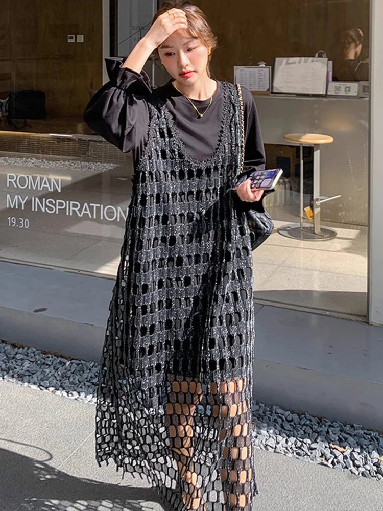 XITAO Hollow Out Full Sleeve Female Dress Casual Loose Fitting Two Pieces O-neck Pullover New Arrival Spring Women Dress ZMY1185