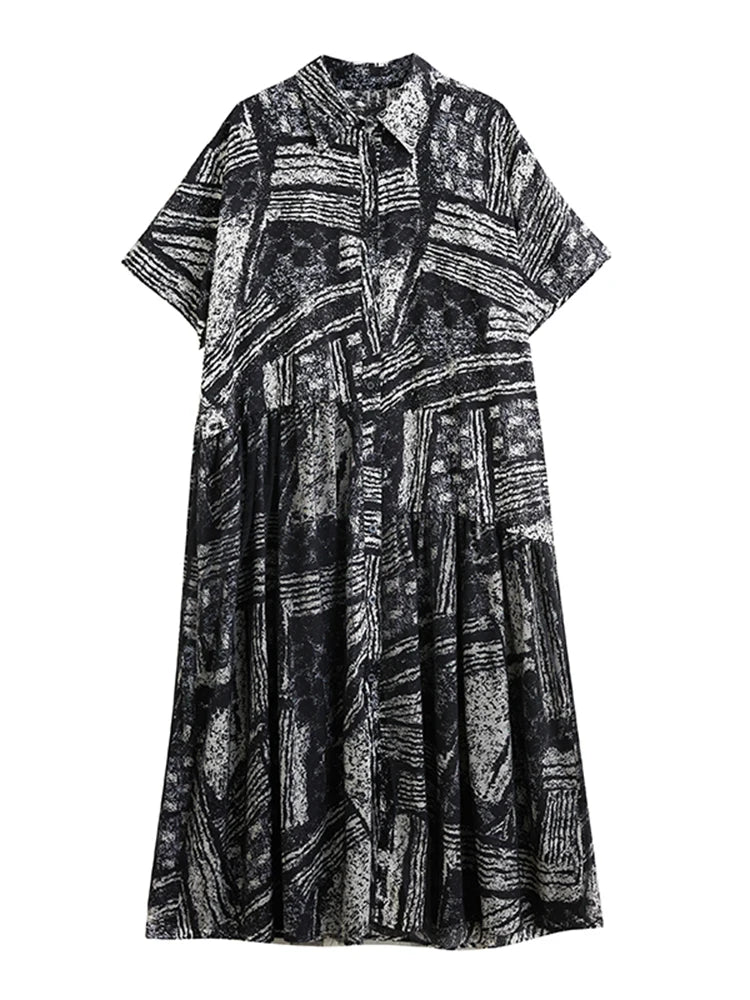XITAO Gauze Patchwork Print Single Breasted Dress Turn-down Collar Sort Sleeve Pullover Loose Mid-calf Casual Dress ZMY1138