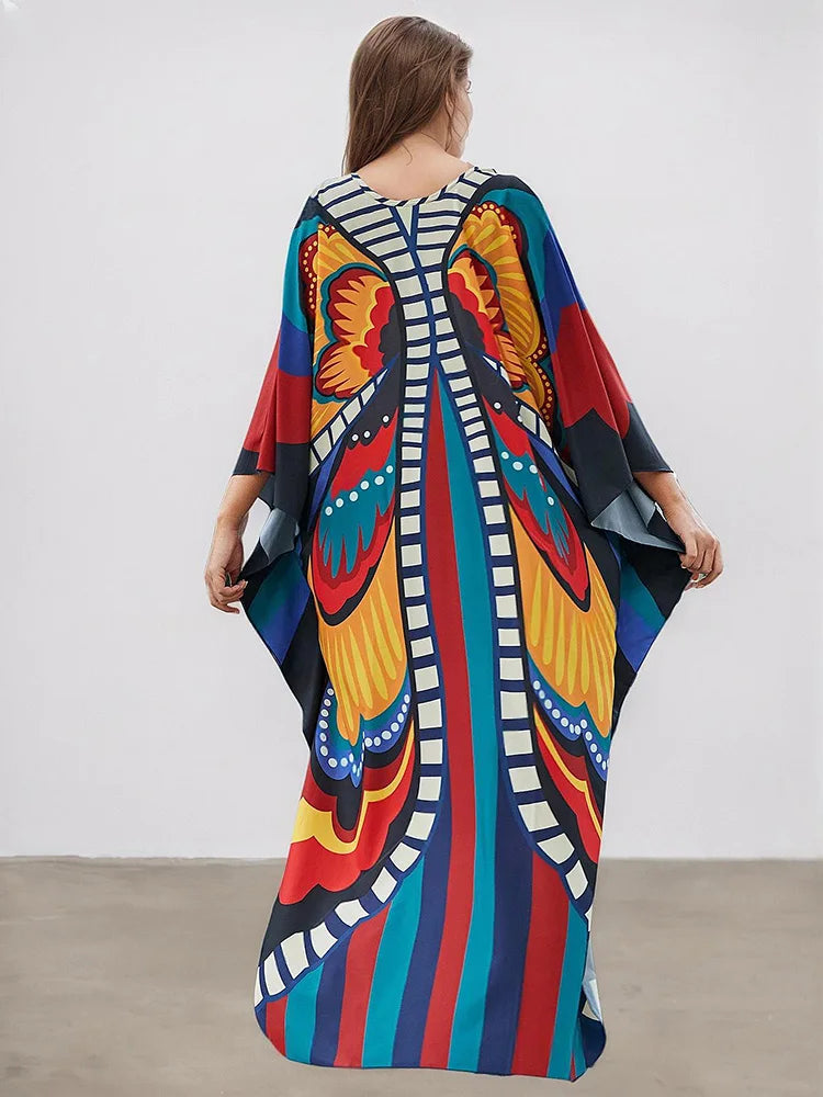 XITAO Pullover V-neck Loose Dress Butterfly Print Side Slit Bat Wing Sleeve Personality Loose Casual Summer Woman Dress GJ1154