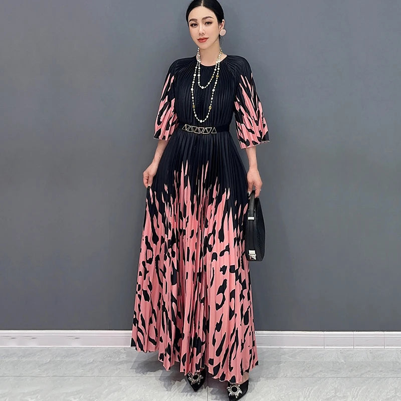XITAO Print Pleated O-neck Three Quarter Sleeve Dress Elegant Temperament Loose Fashion Summer New Goddess Fan Dress LYD1881
