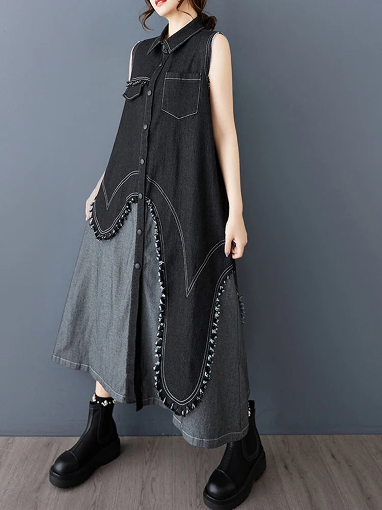 XITAO Contrast Color Sleeveless Pocket Patchwork Dress Single Breasted Turn-down Collar Loose A-line Vintage Slim Dress ZMY1050